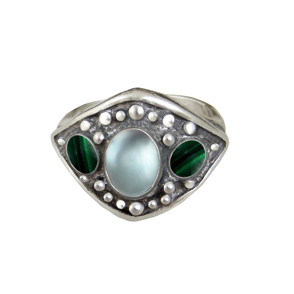 Sterling Silver Medieval Lady's Ring with Blue Topaz And Malachite Size 7